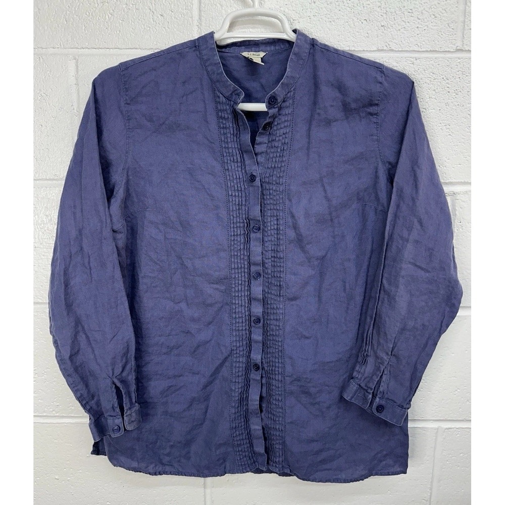 LL Bean Linen Tunic Womens Sz Large Petite LP Purple Band Collar Pleated Placket
